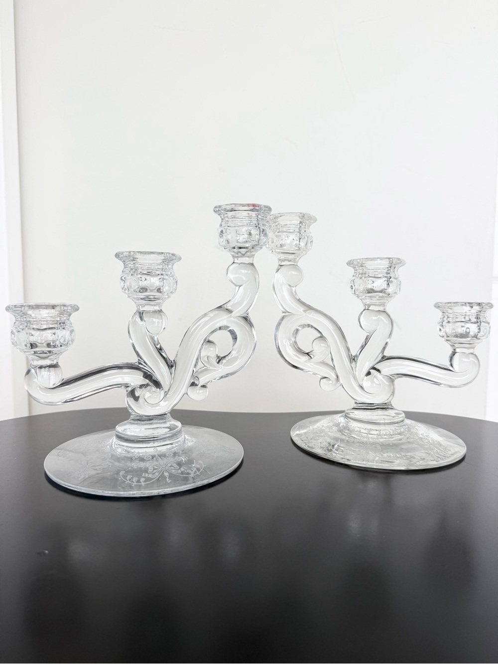 Vintage Heisey Orchid Glass 3-Light Candelabra Pair – Clear Etched